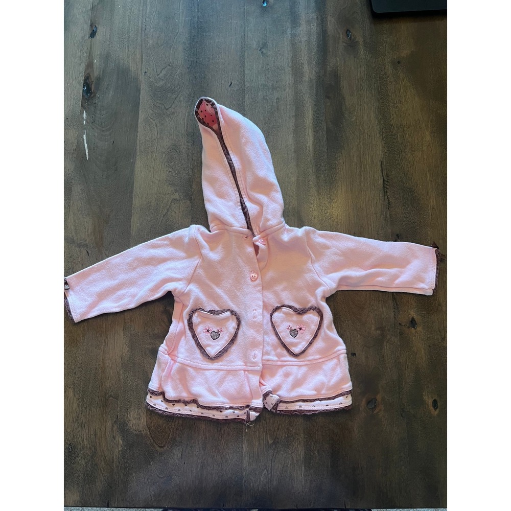 Baby Headquarters Pink Fleece Hooded Jacket Heart Pockets Lace Trim 3-6M